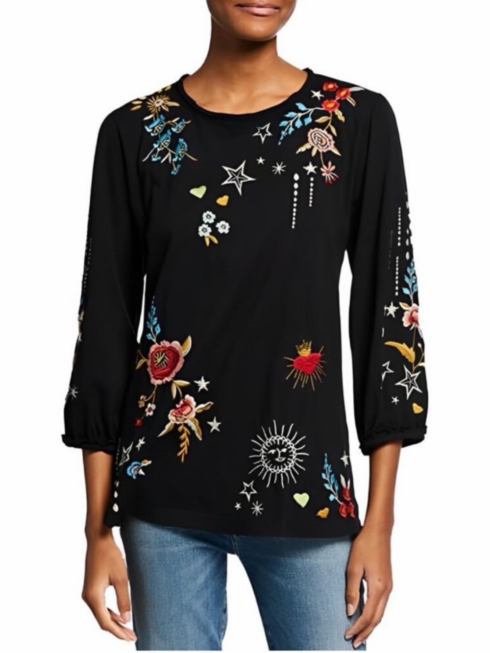 Johnny Was Maris Puff Long Sleeve Embroidery Black Tee Shirt Blouse Flower XS